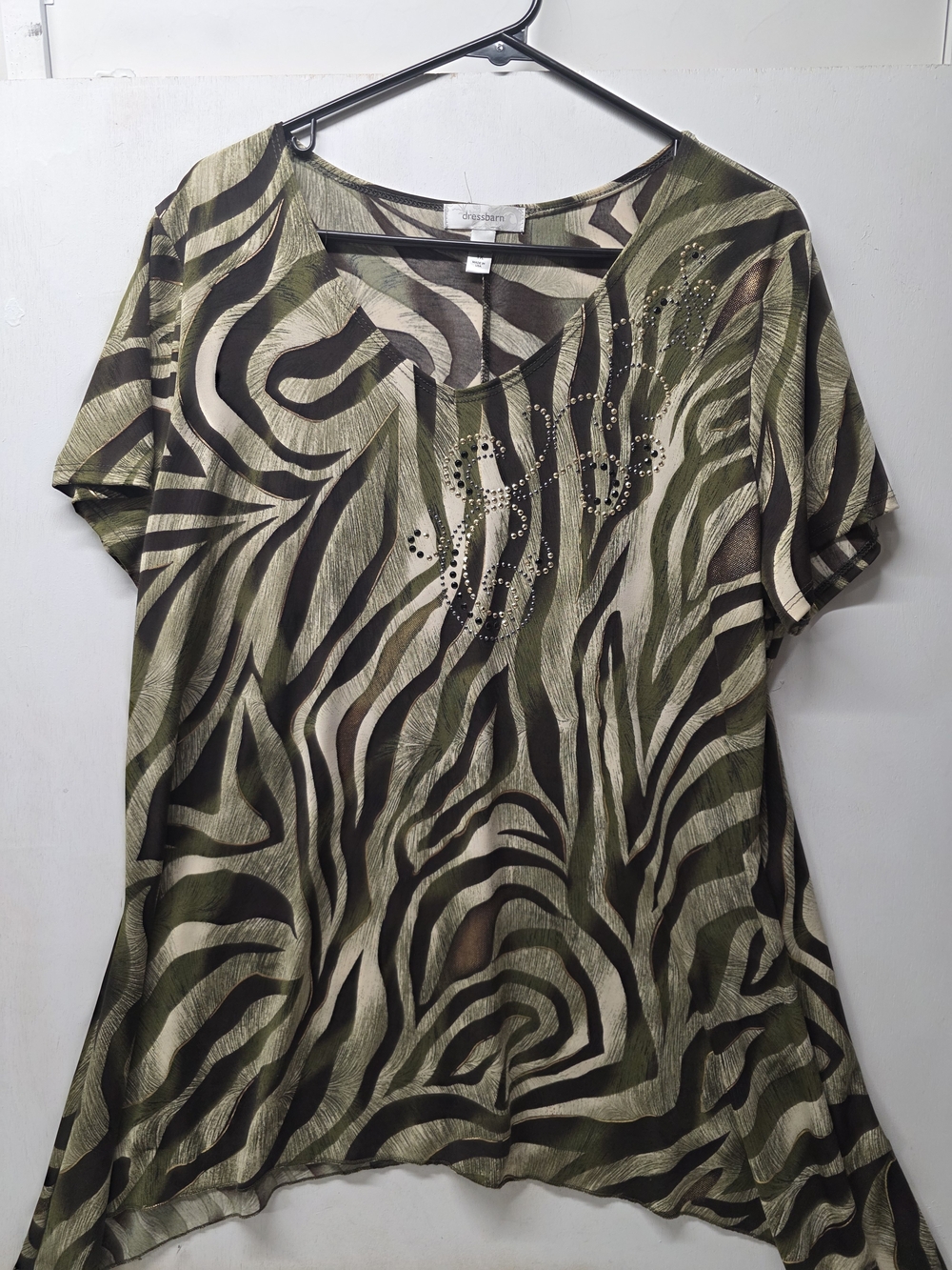 Dressbarn Olive Green Zebra-Print Short Sleeve Top - Size 1X